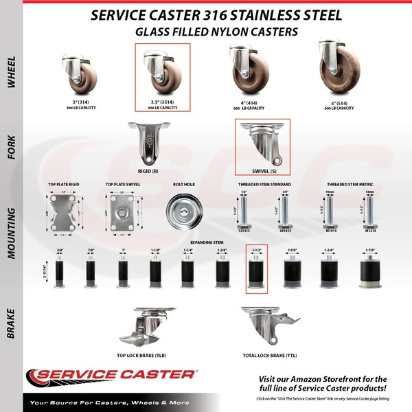 Service Caster 3.5 Inch 316SS High Temp Glass Filled Nylon 1-1/2 Inch Expanding Stem Caster Set SCC-SS316EX20S3514-GFNSHT-112-4 - main